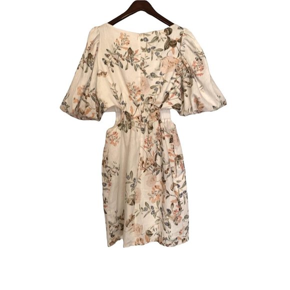 CARA CARA Pink/White Floral Poof Sleeve 100% Linen Side Cutout Mini Dress-Sz 4 - Picture 5 of 14